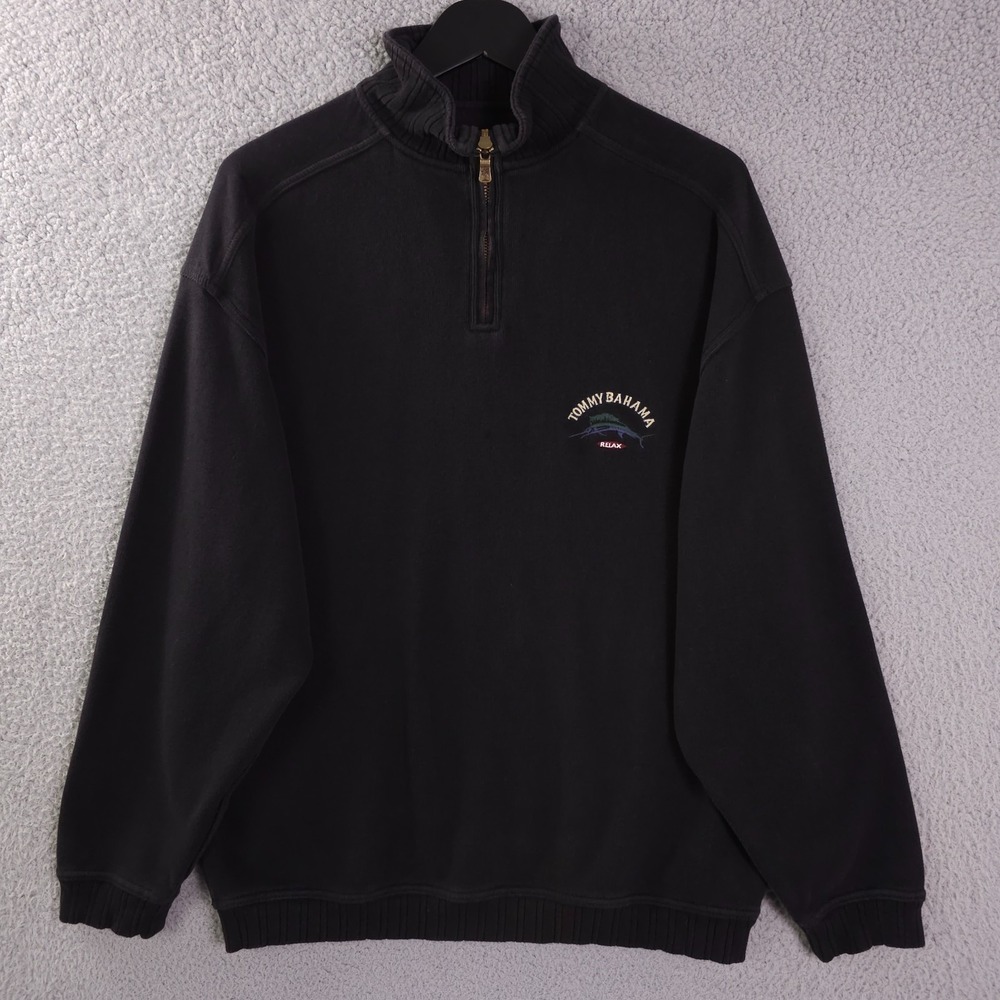 Vintage Tommy Bahama Sweater Mens Large Black Ribbed Knit 1/4 Zip Pullover Heavy
